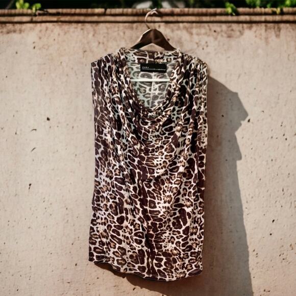 Zara Basic Evening Leopard Print Top Black Cream Size Small - Picture 1 of 5